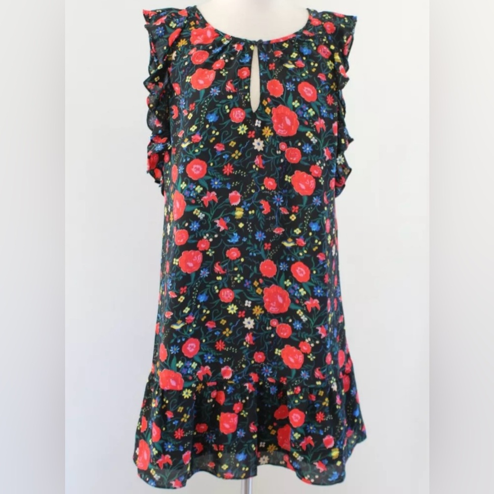 J Crew Shift Dress XS Flutter sleeve Midi Black Red ‎ Keyhole  Floral NEW NWT